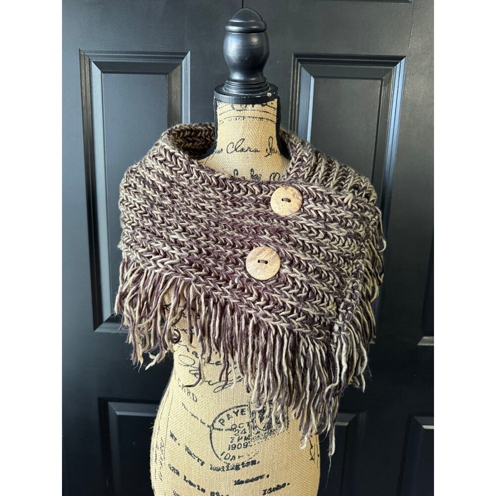 Fringe Infinity Scarf Knit Loop V NECK Winter Circle Cable Wood Buttons Soft